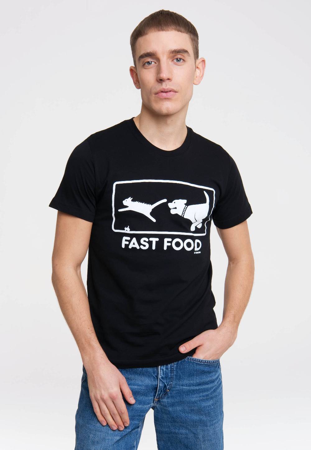 Logoshirt Fast Food - Hund Jagt Katze - T-Shirt Print Outlet