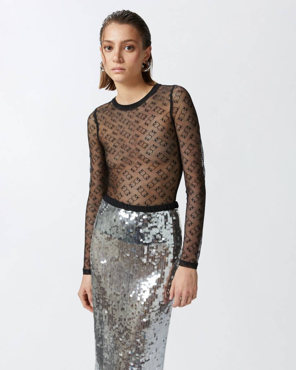 Pinko Langarm-Shirt aus transparenter Spitze Monogram Kostenloser Versand