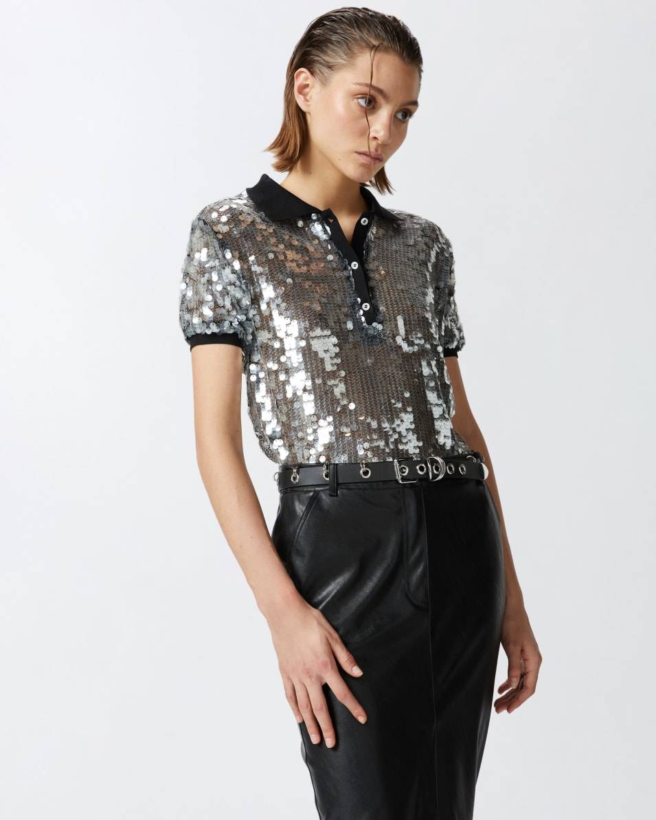 Pinko Halbtransparentes Pailletten-Poloshirt Sonderangebot