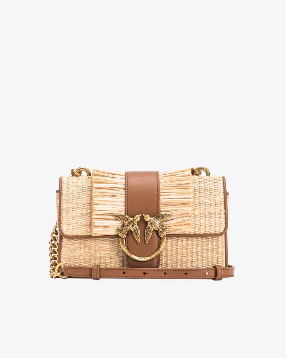 Pinko Mini Love Bag Light aus Bast und Leder mit Fransen Saisonale Angebote