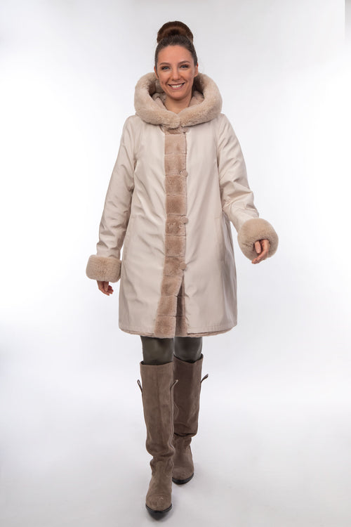 Petite M. Wendemantel mit Kapuze in Kunstfell und Microfaser, Farbe Creme Online Outlet
