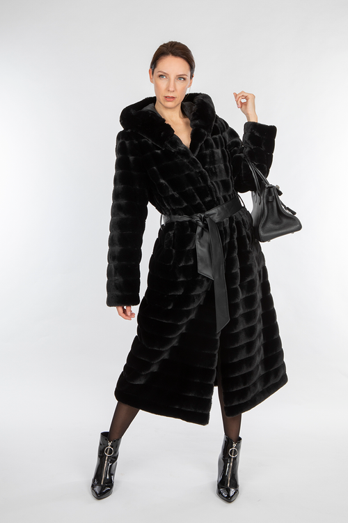 Petite M. Langer Kunstpelz Mantel mit Kapuze in Schwarz Clearance-Verkauf