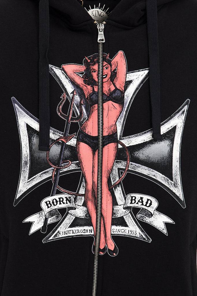 Queen Kerosin Kapuzensweatjacke mit Front Print «Born Bad» Kauf eins, bekomm eins gratis