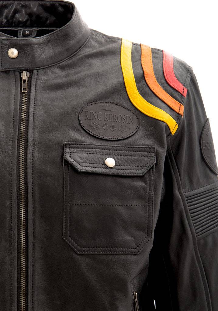 Queen Kerosin Lederjacke mit kontrastfarbigen Racer-Streifen Bis zu 60% Rabatt
