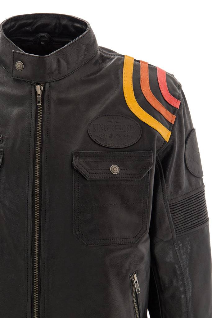 Queen Kerosin Lederjacke Print und Racer-Streifen «Cafe Racer» Nur für heute