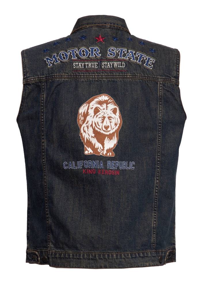 Queen Kerosin Denim Weste Stickerei «Motor State» Sonderangebot der Fabrik