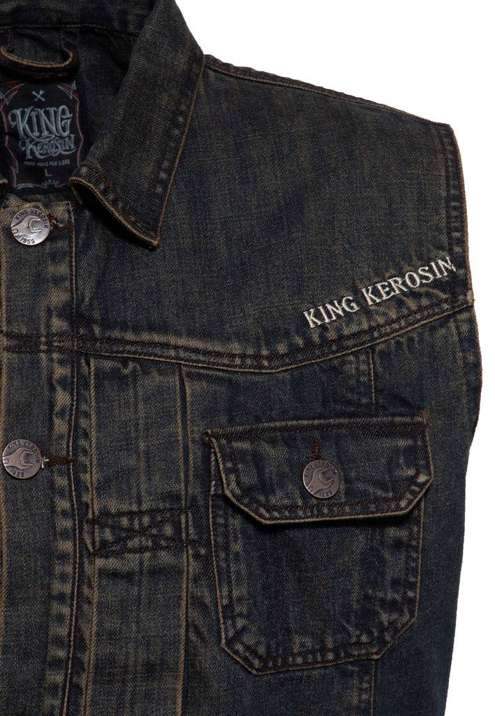 Queen Kerosin Denim Weste Stickerei «Motor State» Sonderangebot der Fabrik