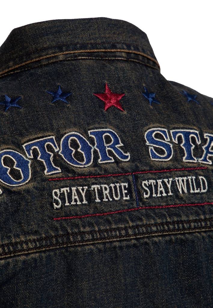 Queen Kerosin Denim Weste Stickerei «Motor State» Sonderangebot der Fabrik