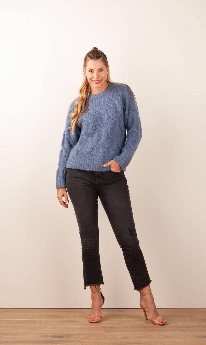 Kitted in Cashmere Kaschmir Pullover „Zopfstrick“ Jeansblau Letzte 3 Tage