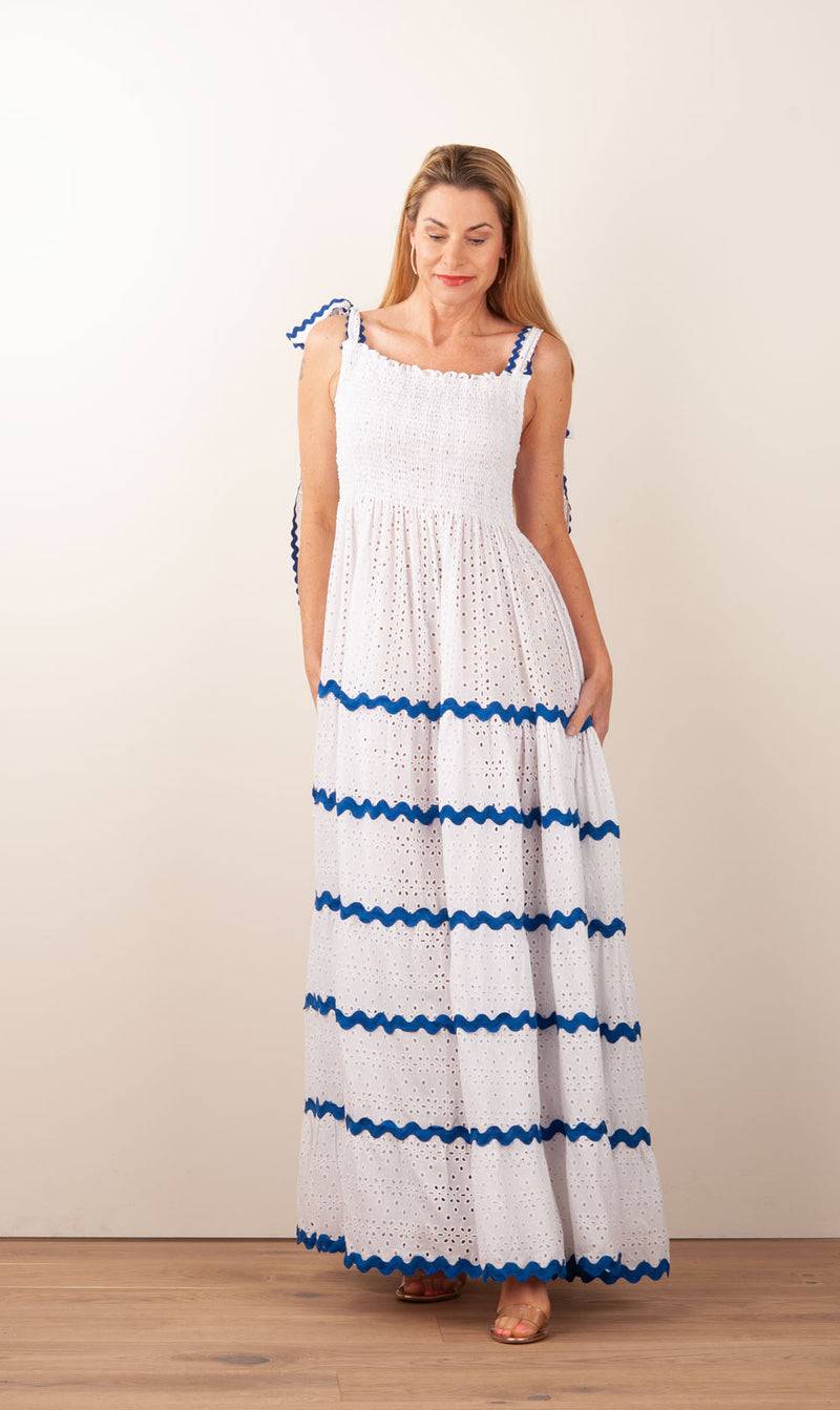Flora Sardalou Kleid Weiß | Blau Fabrikpreis
