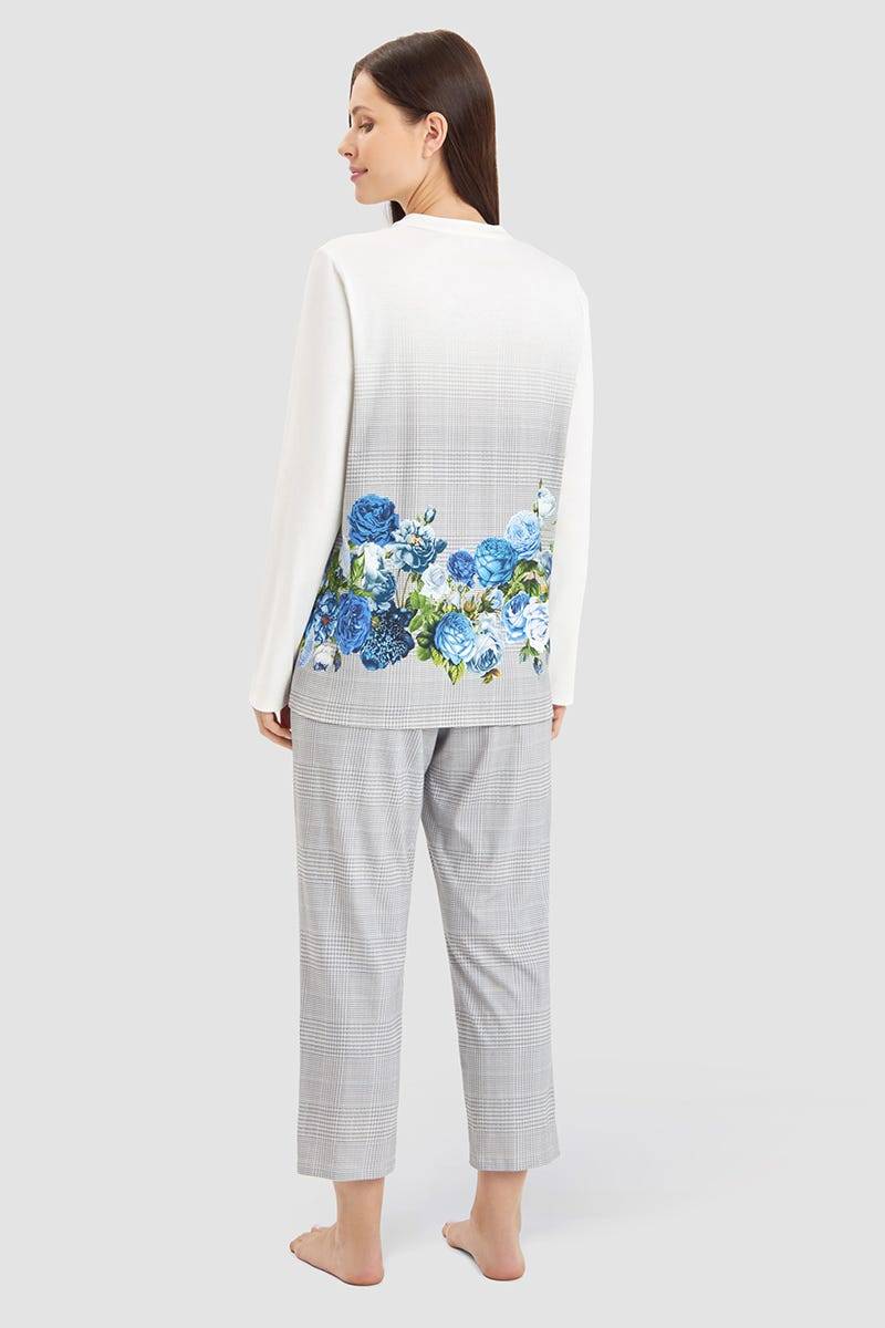 Rösch Pyjama im Karo-Druck mit Blumen 100% Baumwolle Sonderangebot der Fabrik