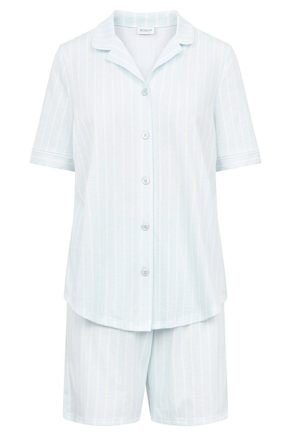 Rösch Pyjama kurz im Streifenprint Hellblau Herrenhemdstil 100% Baumwolle 50% Rabatt mit kostenlosem Versand