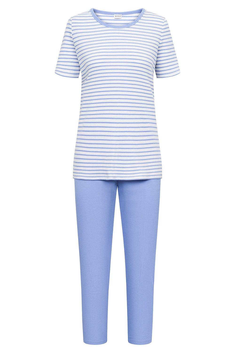 Rösch Pyjama mit Streifendruck Blau-Weiß Feinrippe Kostenloser Versand international