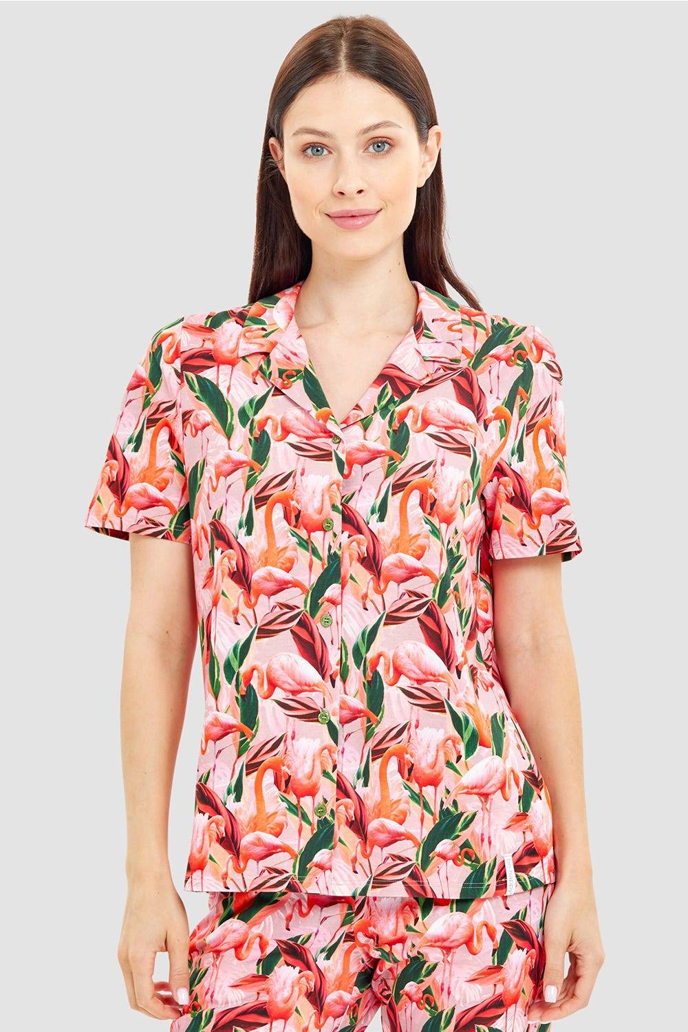 Rösch Pyjamashirt im Flamingo-Druck Baumwolle/Elasthan zollfrei