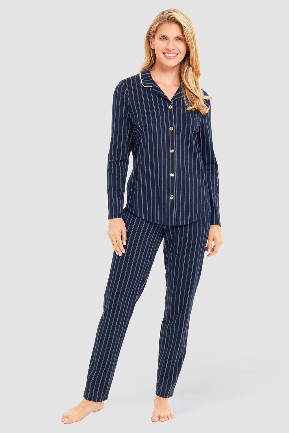 Rösch Pyjama im Nadelzug Dunkelblau Herrenhemdstil 100% Baumwolle