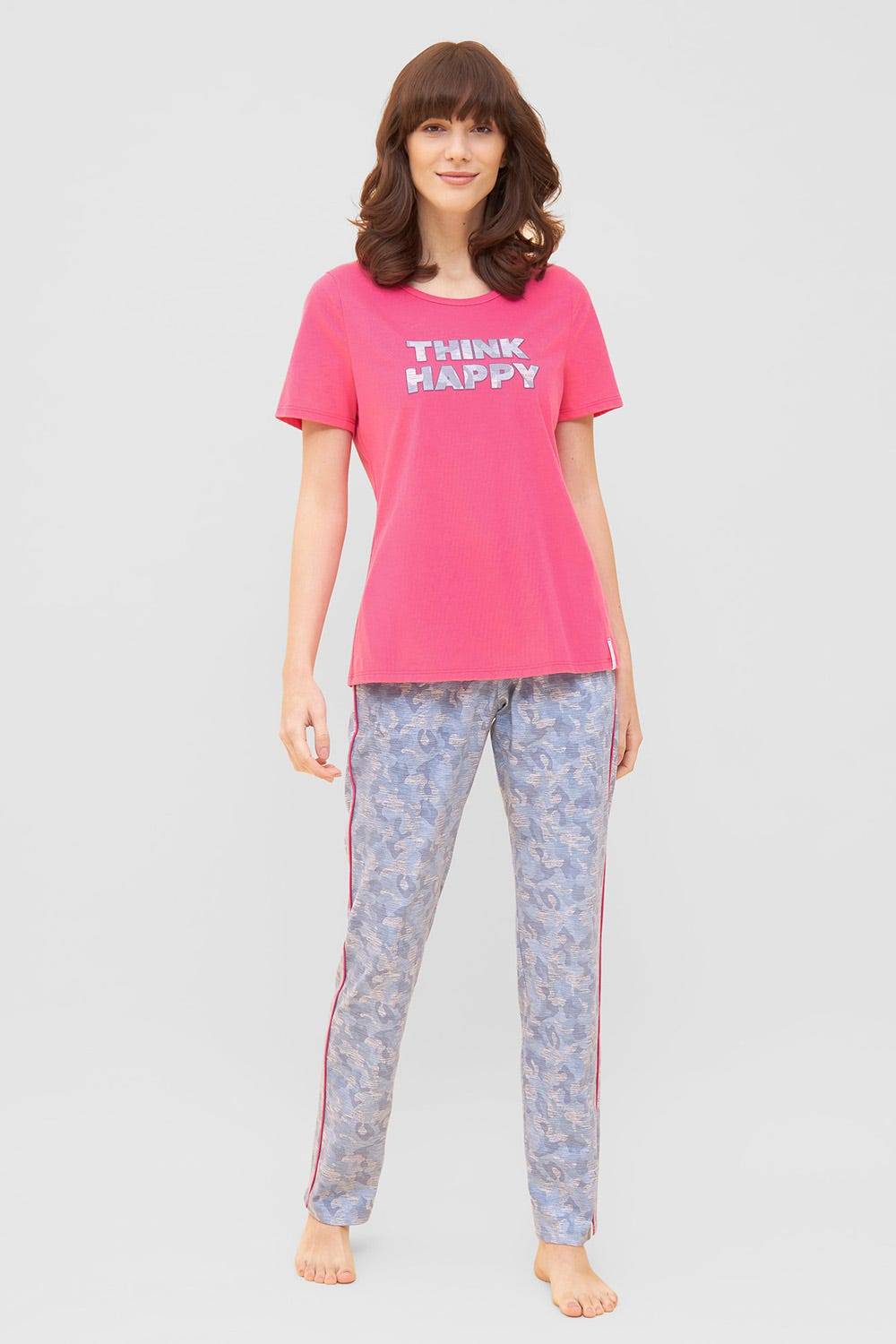 Rösch T-Shirt mit Schriftzug &quot;Think Happy&quot; Pink Kurzarm Mix &amp; Match 100% Baumwolle Super Rabatt
