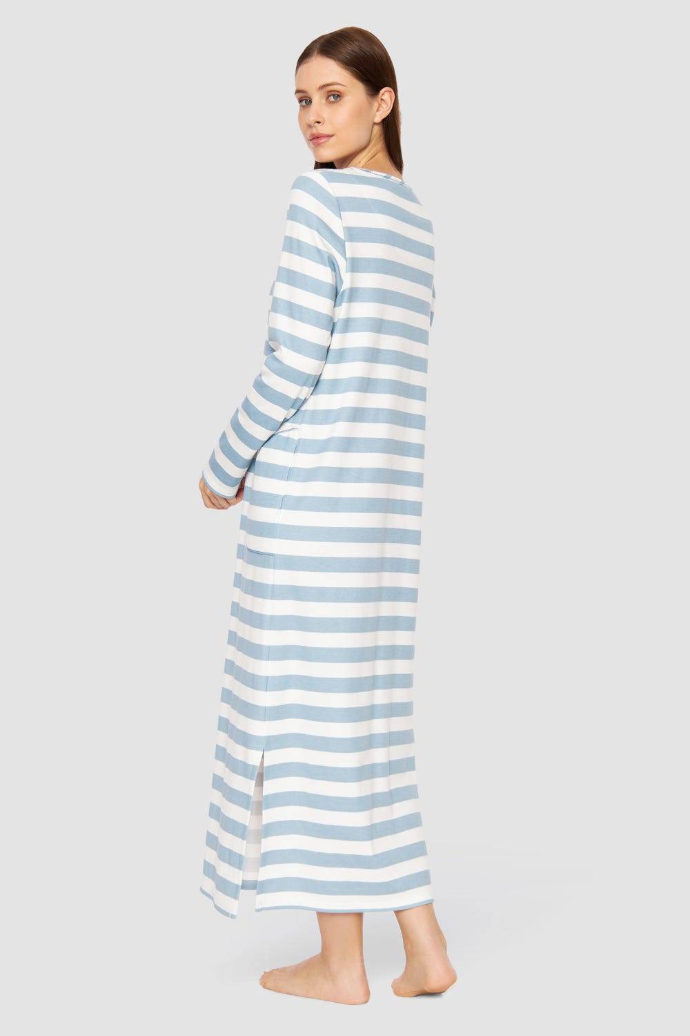Rösch Nachtkleid im Ringel-Mustermix angerauht Hellblau 100% Baumwolle Outlet
