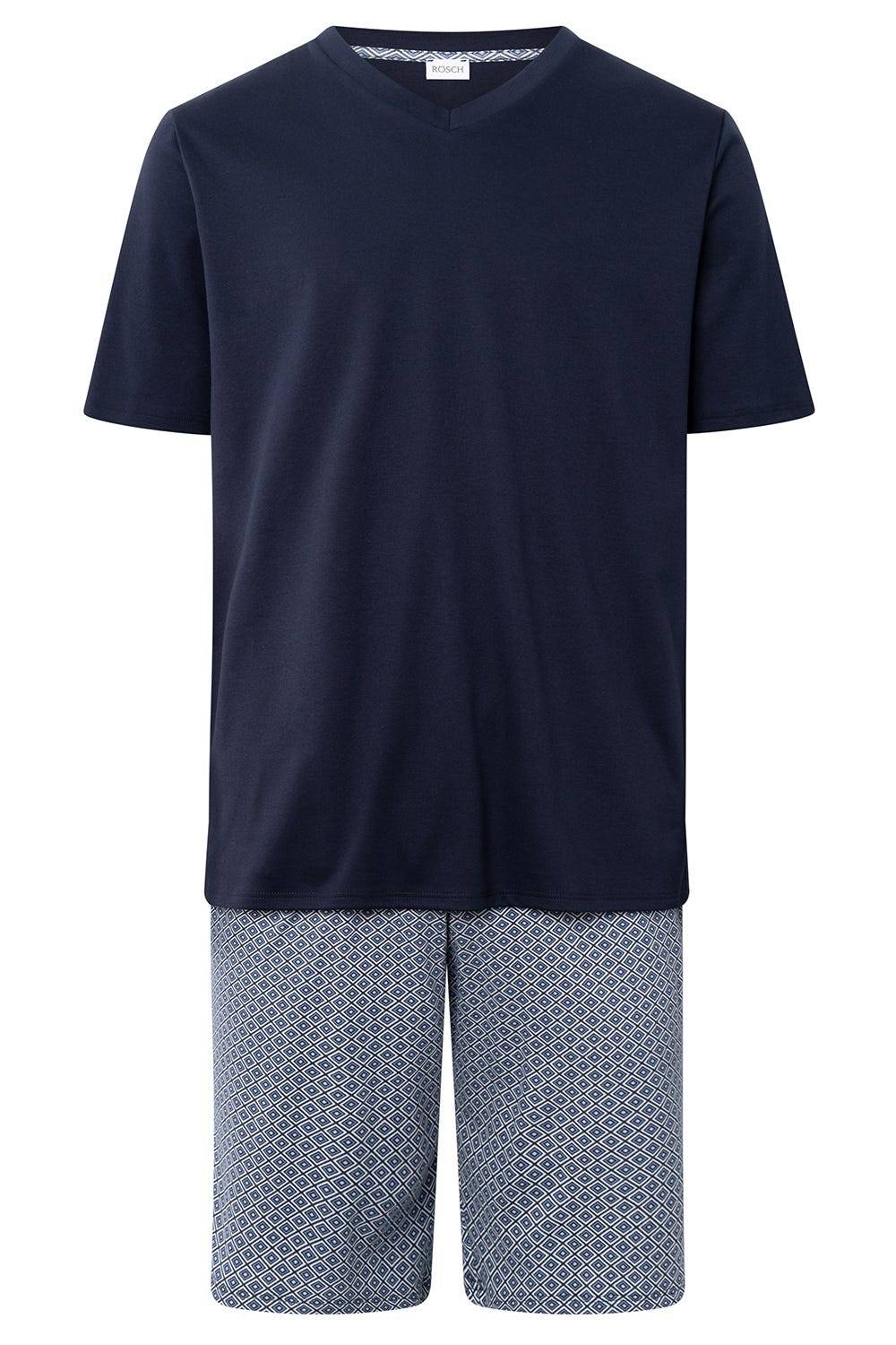 Rösch Herren Kurzer Pyjama mit Minimalprint Blau Bermuda V-Ausschnitt 100% Baumwolle Osterangebot