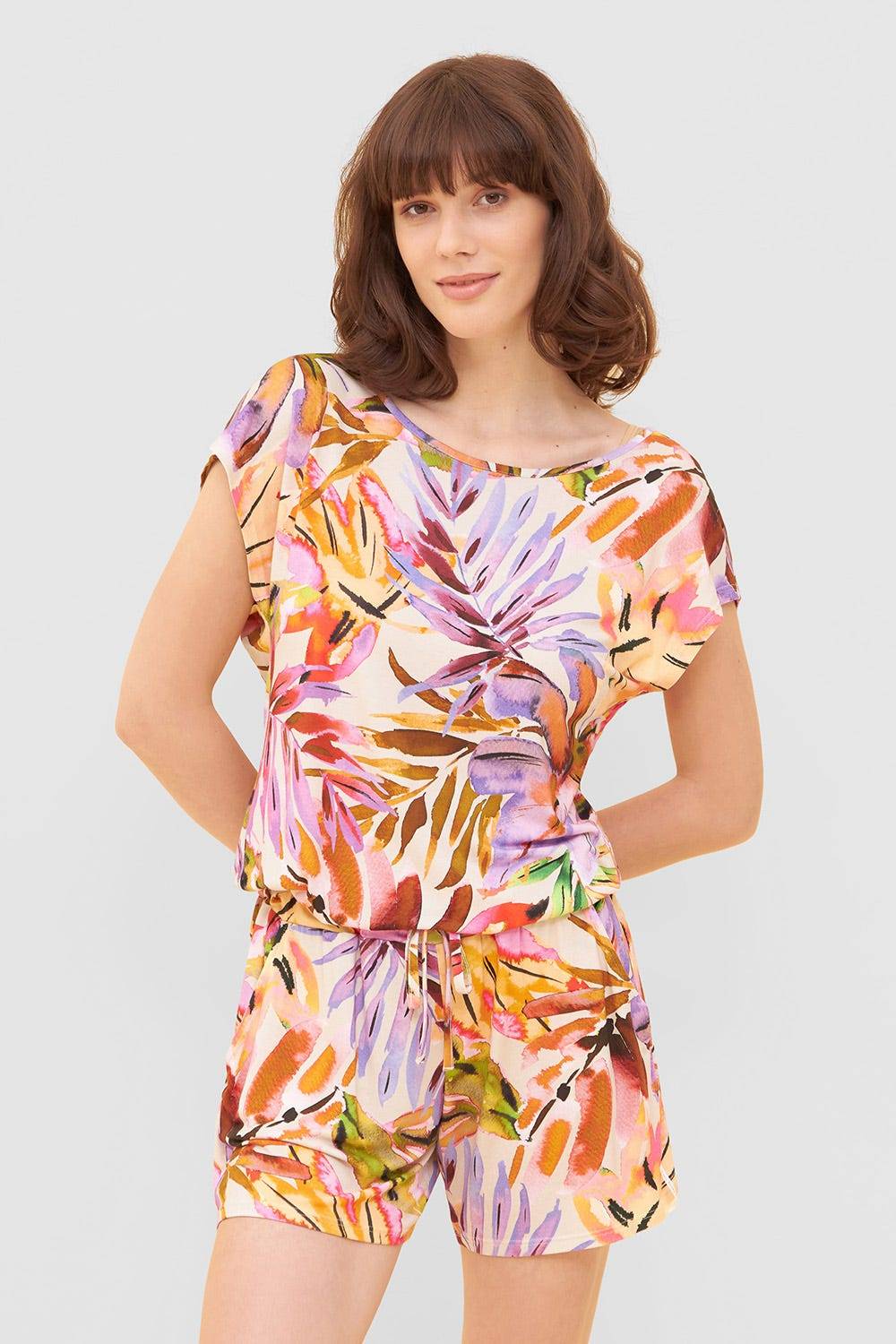 Rösch Jumpsuit im fröhlichen Blätter-Druck Bunt Shorts Sommer Viskose/Elasthan Neuheiten