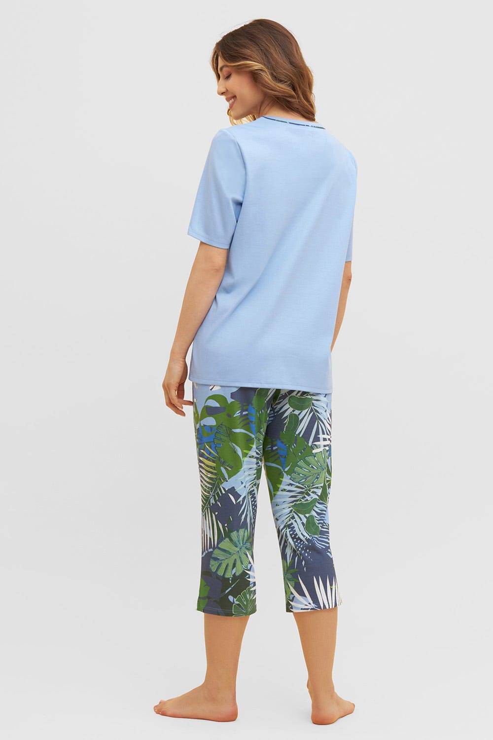 Rösch Pyjama mit tropischem Palmen-Druck 3/4-Hose Paspel Baumwolle/Modal Neueste Stile
