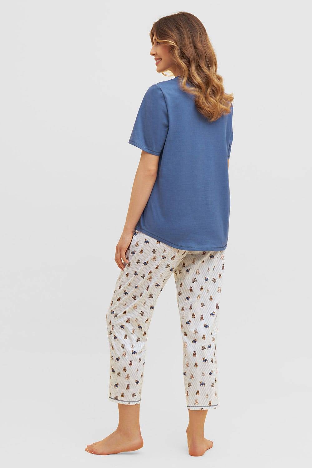 Rösch Pyjama mit verspieltem Hunde-Druck 7/8-Hose Blau Ziernähte 100% Baumwolle Letzte 2 Tage