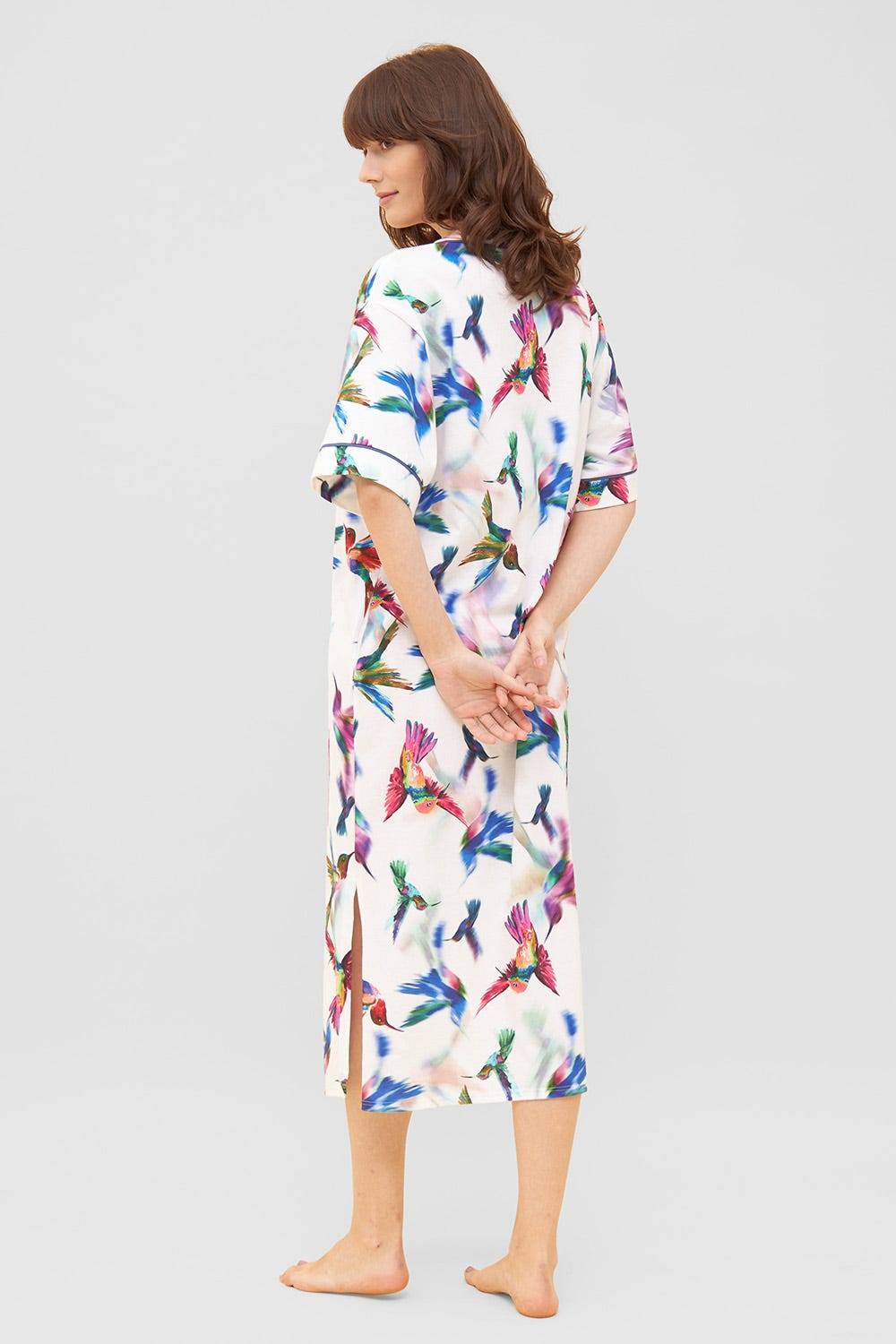 Rösch Nachtkleid im Vogel-Druck Kimono Paspeln Halbarm Maxi-Länge 100% Baumwolle Bis zu 50% Rabatt