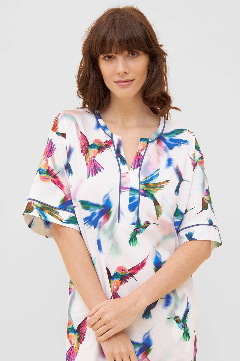 Rösch Nachtkleid im Vogel-Druck Kimono Paspeln Halbarm Maxi-Länge 100% Baumwolle Bis zu 50% Rabatt