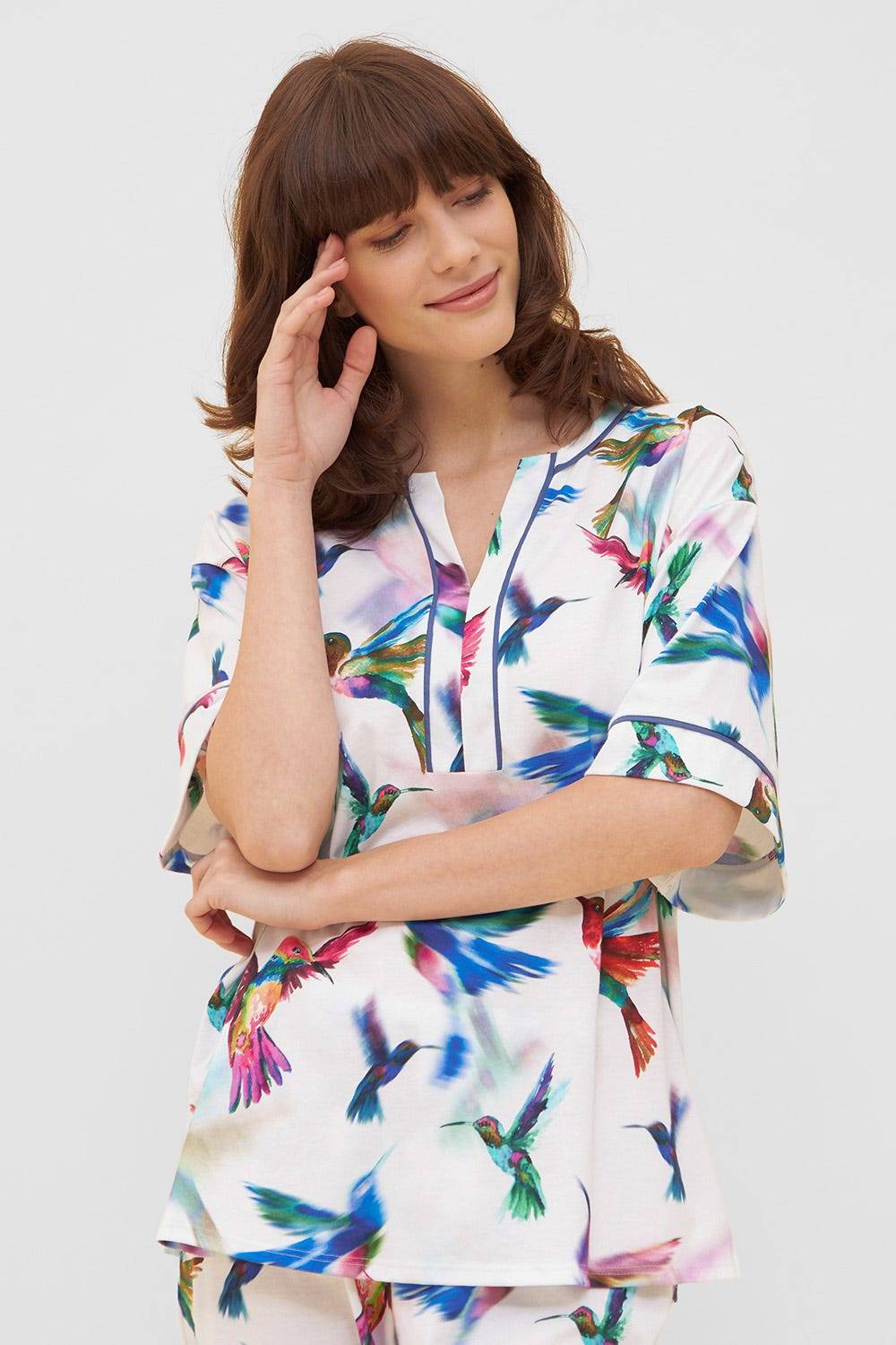 Rösch Pyjama im Vogel-Druck Kimono Paspeln Halbarm 100% Baumwolle Bis zu 60% Rabatt