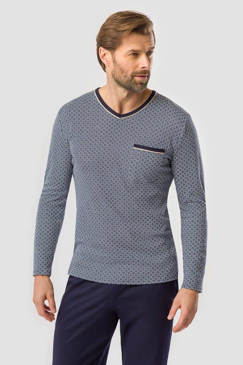 Rösch Herren Pyjama mit Minimalprint Blau Klassisch 100% Baumwolle Sonderangebot der Fabrik