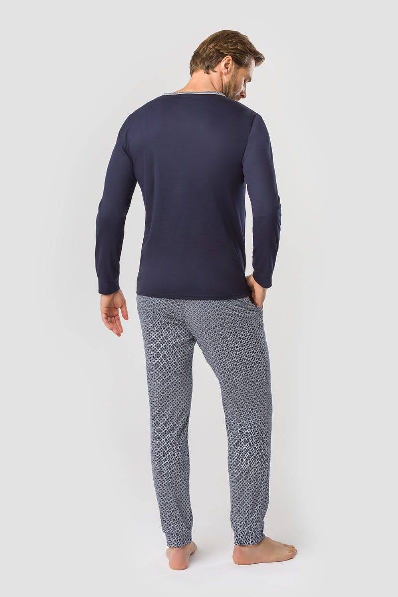 Rösch Herren Pyjama mit Minimalprint Blau Raffungen Paspeln 100% Baumwolle Vierteljährliche Förderung