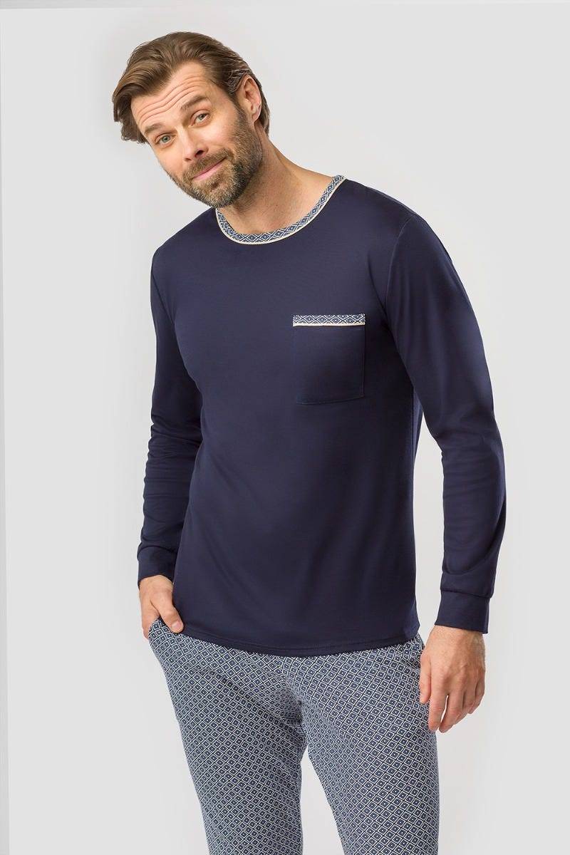 Rösch Herren Pyjama mit Minimalprint Blau Raffungen Paspeln 100% Baumwolle Vierteljährliche Förderung