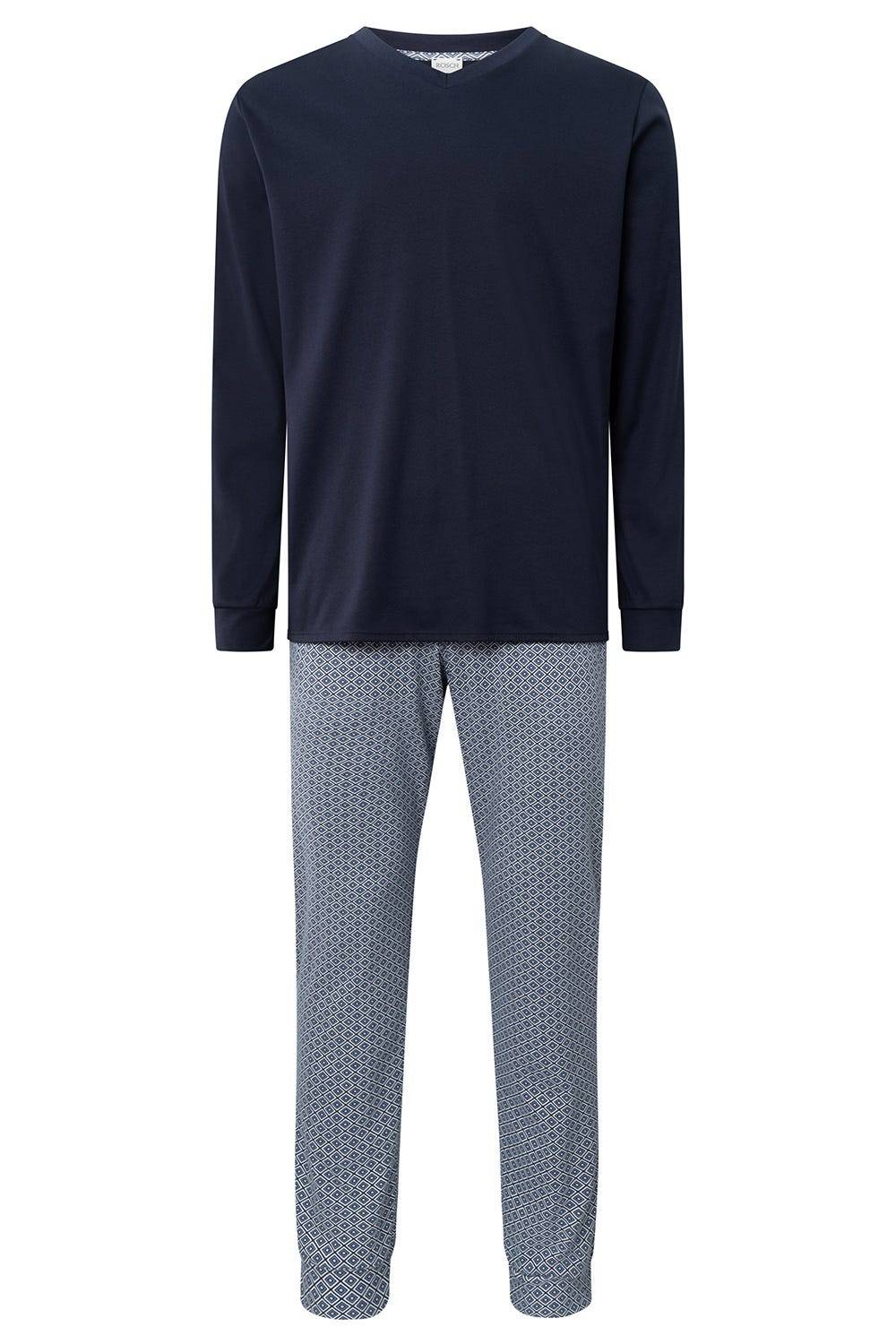 Rösch Herren Langer Pyjama mit Minimalprint Blau V-Ausschnitt 100% Baumwolle Discount Store für neue Produkte