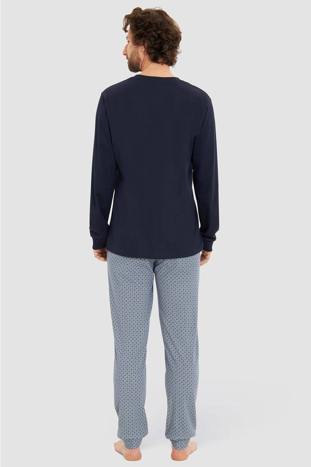 Rösch Herren Langer Pyjama mit Minimalprint Blau V-Ausschnitt 100% Baumwolle Discount Store für neue Produkte