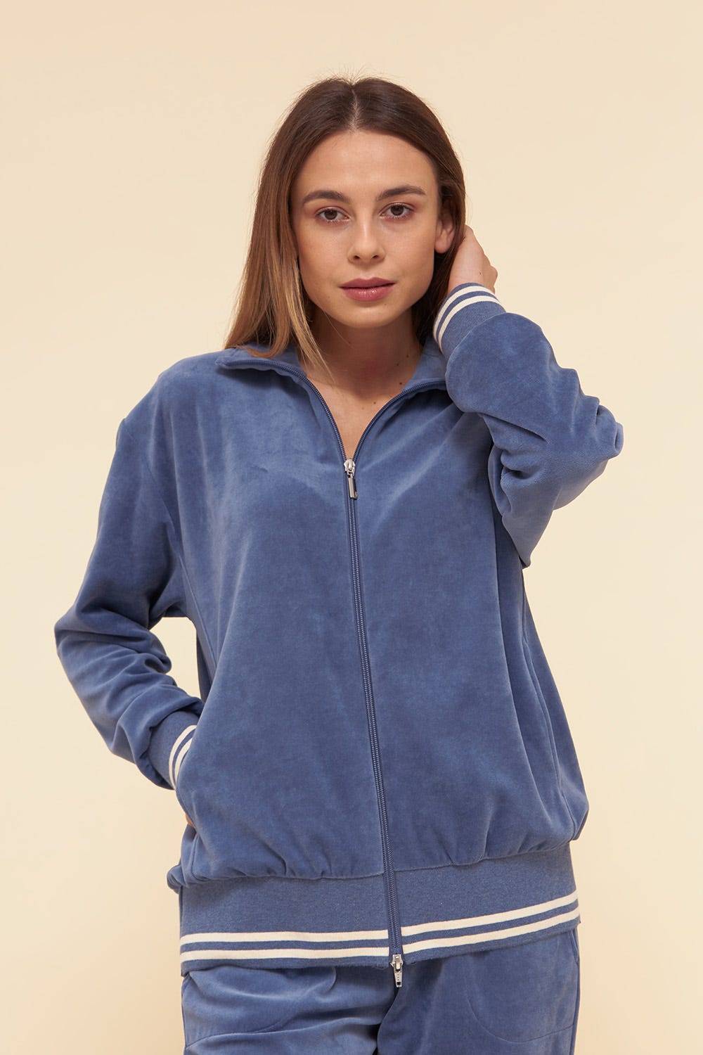 Rösch Hausanzug aus Nicki Blouson-Style sportive Streifen Stickbündchen Baumwolle/Polyester 50% Rabatt mit kostenlosem Versand