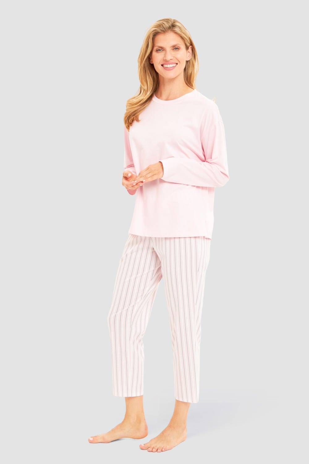 Rösch Basic 7/8-Pyjamahose im Streifendruck Rosa-Grau Sonderangebot