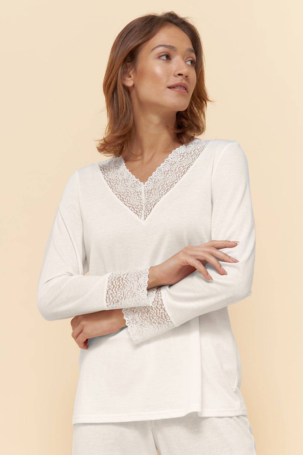 Rösch Pyjama mit eleganten Spitzen-Details einfarbig romantisch verspielt Baumwolle/Modal Weihnachtsangebot