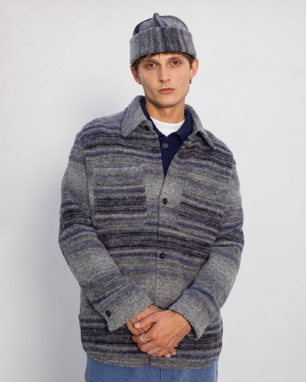 Rotholz Dickes Overshirt Bio Wollmischung - Grau Gestreift Osterangebot