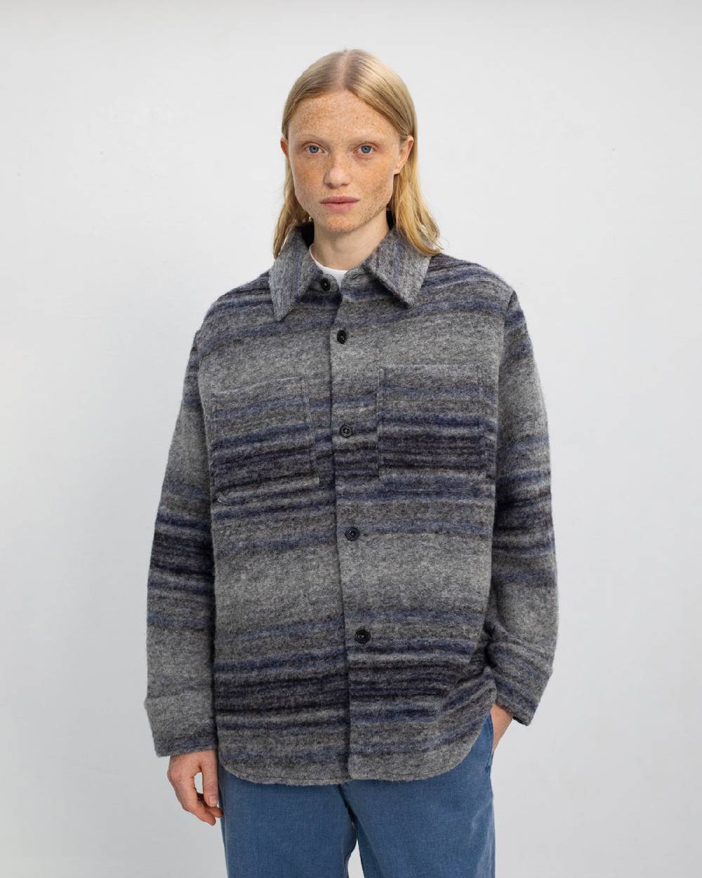 Rotholz Dickes Overshirt Bio Wollmischung - Grau Gestreift Fabrikverkauf