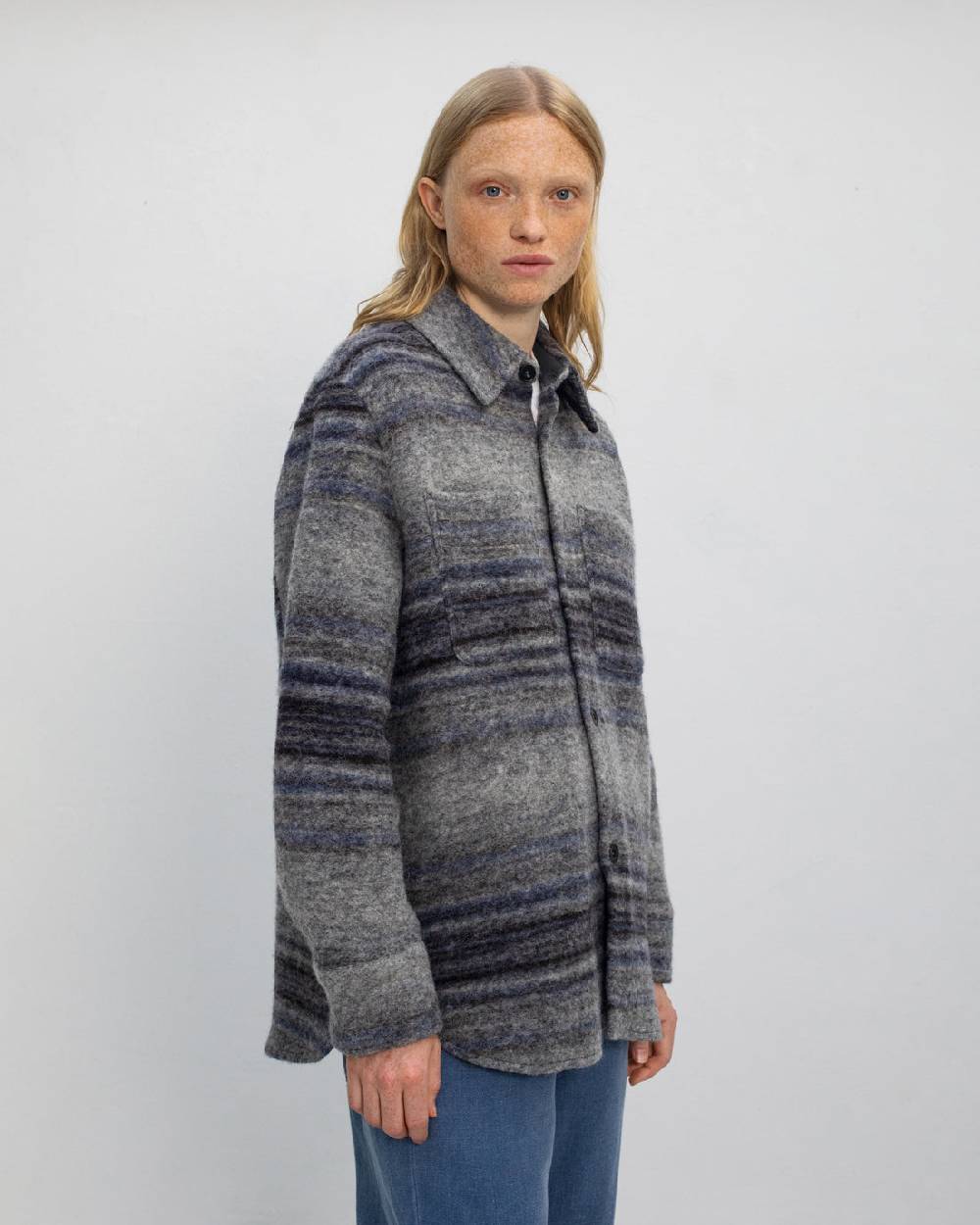 Rotholz Dickes Overshirt Bio Wollmischung - Grau Gestreift Fabrikverkauf