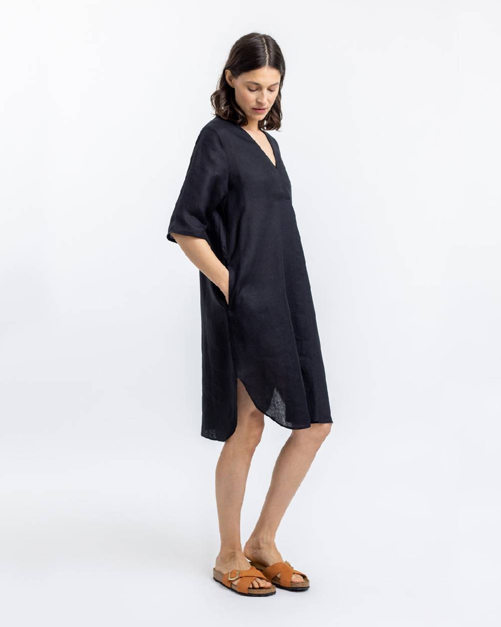 Rotholz Leinen Kaftan Kleid Schwarz Schlussverkauf