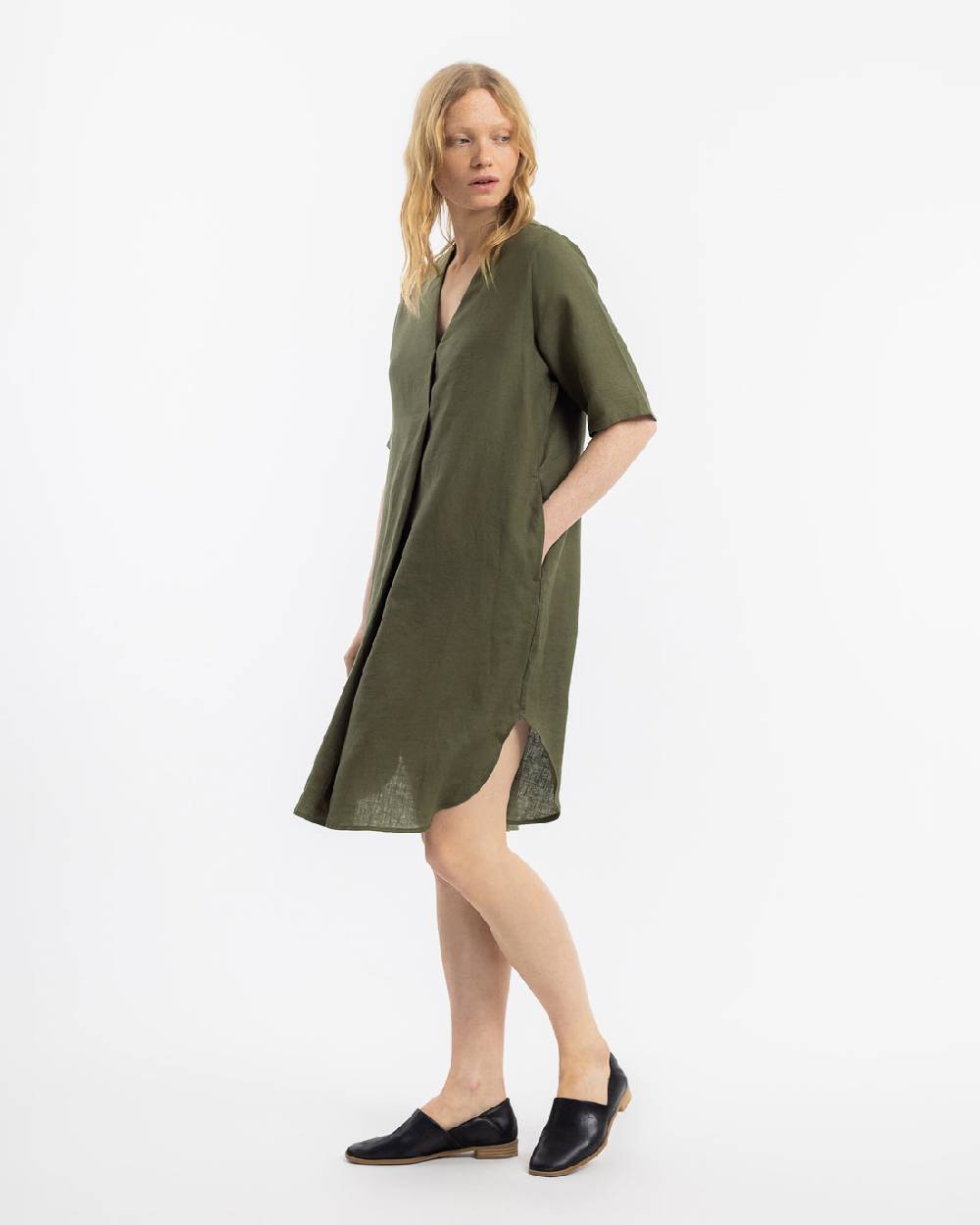 Rotholz Kaftan Kleid Leinen Mix - Oliv Letzte 2 Tage