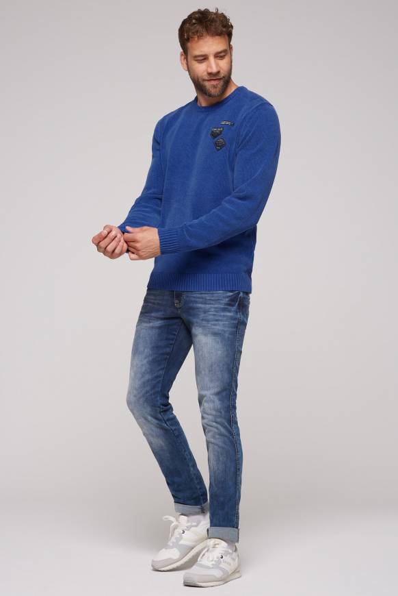 Soccx Chenille-Pullover Stone Washed mit Patches strong blue 50% Rabatt mit kostenlosem Versand