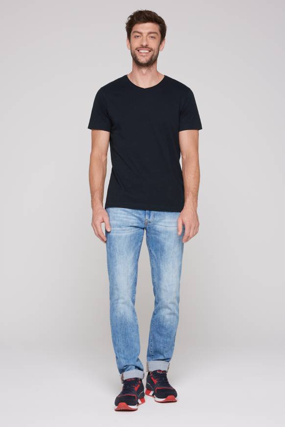 Soccx Basic T-Shirt V-Neck mit Used-Kante blue navy Im Verkauf